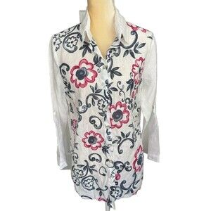 Italian Sagimar Tunic Top Blouse Size S Floral Pink Blue 100% Linen Shirt